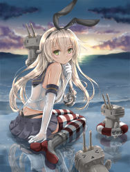 Rule 34 | 10s, 1girl, bare shoulders, blonde hair, boots, butt crack, eyelashes, gloves, green eyes, grey footwear, highres, horizon, kantai collection, lifebuoy, long hair, reflection, rensouhou-chan, shimakaze (kancolle), sitting, skirt, socks, striped clothes, striped thighhighs, swim ring, thighhighs, tokoaoki