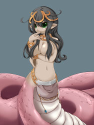 Rule 34 | 1girl, black hair, bracelet, breasts, cleavage, finger in own mouth, finger sucking, frfr, green eyes, highres, jewelry, lamia, large breasts, loincloth, long hair, monster girl, navel, neck ring, necklace, pointy ears, scales, simple background, snake, solo, stomach, sweat, tail, topless