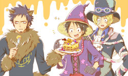 Rule 34 | 3boys, animal costume, animal ears, bandages, black hair, blonde hair, blue hair, brothers, ascot, earrings, food, fork, gloves, goggles, halloween, hat, jewelry, male focus, monkey d. luffy, multiple boys, mummy, mummy costume, one piece, sabo (one piece), scar, siblings, smile, straw hat, top hat, trafalgar law, witch hat, wolf costume, wolf ears