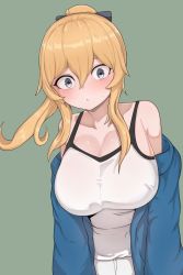 Rule 34 | 1girl, bare shoulders, blonde hair, blue jacket, blush, bow, breasts, cleavage, genshin impact, grey bow, grey eyes, hair between eyes, hair bow, highres, jacket, jean (genshin impact), large breasts, long hair, looking at viewer, off shoulder, open clothes, open jacket, ponytail, skyhood, solo, sweat, tank top, white tank top