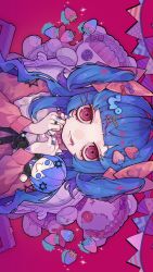 Rule 34 | 1girl, black ribbon, blue hair, blunt bangs, bow, button eyes, buttons, copyright request, food, fruit, hair bow, highres, jewelry, long hair, long sleeves, looking at viewer, neck ribbon, own hands together, pink bow, pink eyes, pink shirt, ribbon, ring, shirt, smile, solo, strawberry, stuffed animal, stuffed toy, teddy bear, tira 27, tongue, tongue out