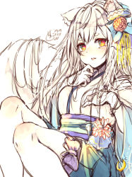 Rule 34 | 1girl, animal ear fluff, animal ears, blue bow, blush, bow, breasts, chita (ketchup), flower, fox ears, fox girl, fox tail, green skirt, grey hair, hair bow, highres, japanese clothes, kimono, long hair, long sleeves, looking at viewer, medium breasts, obi, original, parted lips, pleated skirt, purple bow, red eyes, red flower, sash, short eyebrows, signature, sketch, skirt, solo, tail, tail raised, thick eyebrows, very long hair, white kimono, wide sleeves