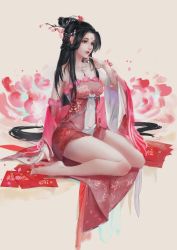 Rule 34 | 1girl, absurdres, barefoot, blush, bun cover, china dress, chinese clothes, dress, highres, ink wash painting, long hair, moonlight blade, pelvic curtain, red dress, skirt, solo, sumi-e, xiao qigai luoke