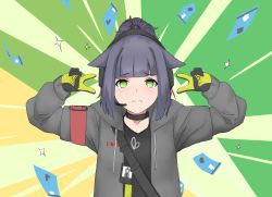Rule 34 | 1girl, animal ears, arknights, bag, black gloves, black shirt, blunt bangs, cat ears, collarbone, commentary, double v, drawstring, emotional engine - full drive, emphasis lines, english commentary, fate/grand order, fate (series), gloves, green background, green eyes, green gloves, grey hoodie, headphones, headset, highres, hood, hood down, hoodie, id card, jessica (arknights), kofucchi, long sleeves, lungmen dollar, multicolored hair, name tag, parody, ponytail, red hair, sad, shirt, shoulder bag, sidelocks, solo, sparkle, tearing up, two-tone hair, upper body, v