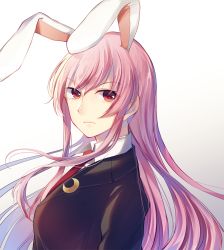 Rule 34 | 1girl, animal ears, blazer, breasts, closed mouth, collared shirt, commentary request, crescent, crescent pin, female focus, from side, gradient background, jacket, kaede (mmkeyy), light purple hair, long hair, long sleeves, looking at viewer, looking to the side, medium breasts, necktie, pink hair, rabbit ears, red eyes, red necktie, reisen udongein inaba, shirt, solo, touhou, upper body, white background, white shirt, wing collar