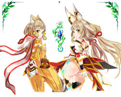 Rule 34 | 2girls, animal ears, ass, cat ears, cat girl, highres, jumpsuit, long hair, multiple girls, nia (blade) (xenoblade), nia (xenoblade), short hair, spoilers, tim (a9243190a), white background, xenoblade chronicles (series), xenoblade chronicles 2, yellow eyes