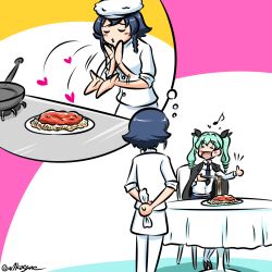 Rule 34 | &gt; &lt;, 2girls, afterimage, anchovy (girls und panzer), anzio school uniform, arms behind back, black cape, black footwear, black hair, black neckwear, black ribbon, black skirt, blowing kiss, braid, cape, chef, chef hat, closed eyes, commentary, dress shirt, drill hair, eating, eighth note, food, fork, girls und panzer, green hair, hair ribbon, hat, heart, holding, holding fork, imagining, jacket, kogane (staygold), long hair, long sleeves, looking at another, lowres, motion lines, multiple girls, musical note, necktie, notice lines, one-hour drawing challenge, open mouth, pants, pantyhose, pasta, pepperoni (girls und panzer), ribbon, school uniform, shirt, shoes, short hair, side braid, sitting, frying pan, skirt, sleeves rolled up, smile, spaghetti, standing, thumbs up, twin drills, twitter username, white headwear, white jacket, white legwear, white pants, white shirt, wing collar