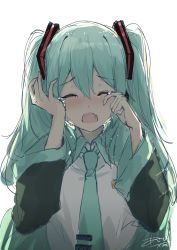 Rule 34 | 1girl, aqua eyes, aqua hair, aqua necktie, asahi kuroi, backlighting, black sleeves, blush, closed eyes, commentary, crying, detached sleeves, facing viewer, hair ornament, hands up, hatsune miku, headphones, highres, long hair, necktie, open mouth, shirt, signature, sleeveless, sleeveless shirt, solo, tears, twintails, upper body, very long hair, vocaloid, white background, white shirt, wiping tears
