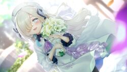 Rule 34 | 1girl, ascot, backlighting, beret, black pantyhose, blue eyes, blue hair, blush, bouquet, collared dress, dress, flower, fountain, grey hair, hair flower, hair ornament, hair over one eye, hat, highres, holding, holding bouquet, isekai joucho, kamitsubaki studio, long hair, looking at viewer, multicolored hair, open mouth, pantyhose, petals, rocky0206, smile, solo, two-tone hair, upper body, virtual youtuber, white dress, white hat