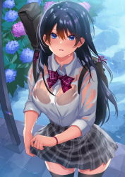 Rule 34 | 1girl, backpack, bag, black bra, black hair, black thighhighs, blue eyes, bow, bowtie, bra, bra visible through clothes, bralines, breasts, collared shirt, cowboy shot, flower, from above, frown, guitar, guitar case, hair between eyes, highres, instrument, instrument case, instrument on back, inue ao, large breasts, long hair, looking at viewer, miniskirt, moe2022, open mouth, original, plaid, plaid bow, plaid bowtie, plaid skirt, pool, school uniform, see-through, shirt, shirt tucked in, skirt, sleeves rolled up, solo, tented shirt, thighhighs, underwear, wet, wet clothes, wet shirt, white shirt, wristband, zettai ryouiki