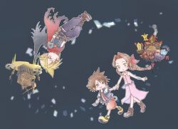 Rule 34 | 1girl, 2boys, aerith gainsborough, armor, bare shoulders, belt, black pants, blonde hair, blue eyes, blue shirt, bluelimbo8888, boots, bracelet, braid, braided ponytail, brown footwear, brown hair, building, chain necklace, chibi, cloak, cloud strife, colosseum, demon wings, dress, final fantasy, final fantasy vii, fingerless gloves, full body, gloves, green eyes, grey background, hair ribbon, highres, holding hands, jacket, jewelry, jumpsuit, kingdom hearts, long hair, looking at another, multiple belts, multiple boys, necklace, official alternate costume, open mouth, pants, parted bangs, parted lips, pink dress, purple belt, red cloak, red jumpsuit, red ribbon, ribbon, shirt, short hair, short jumpsuit, short sleeves, shoulder armor, sidelocks, single wing, sleeveless, sleeveless dress, sleeveless turtleneck, smile, sora (kingdom hearts), spiked hair, square enix, thigh strap, torn clothes, turtleneck, upside-down, walking, wings, yellow footwear