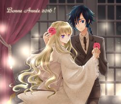 Rule 34 | 10s, 1boy, 1girl, 2016, alternate costume, blush, boutonniere, code geass, code geass: boukoku no akito, couple, cowboy shot, curtains, flower, formal, french text, hair flower, hair ornament, holding hands, hand on another&#039;s head, happy new year, hetero, hyuuga akito, interlocked fingers, japanese clothes, kimono, komaichi, leila malcal, long sleeves, looking at viewer, new year, obi, sash, smile, suit, wide sleeves, window, yukata