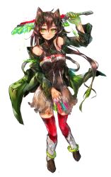Rule 34 | 1girl, absurdres, belt, blade, brown hair, cloak, covered navel, detached sleeves, gradient hair, green eyes, highres, jewelry, long hair, looking to the side, maido mido, multicolored hair, necklace, original, red thighhighs, shiratan, simple background, skirt, slime (substance), solo, thighhighs, weapon, white background