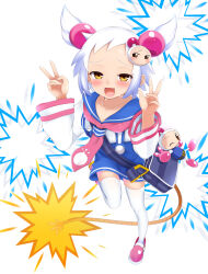 Rule 34 | 1girl, argentum 2o, bag, blue sailor collar, blue skirt, blush, bombergirl, character hair ornament, double v, expressive clothes, fang, full body, furrowed brow, fuse tail, hair bobbles, hair ornament, highres, leg up, long sleeves, looking at viewer, mesugaki, neckerchief, open mouth, pink footwear, pink neckerchief, sailor collar, school uniform, serafuku, shiron (bombergirl), shoes, short hair, shoulder bag, simple background, skin fang, skirt, smile, smug, solo, standing, standing on one leg, suspender skirt, suspenders, sweat, tail, thighhighs, v, white background, white bomberman, white hair, white serafuku, white thighhighs, yellow eyes