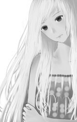 Rule 34 | 1girl, bare shoulders, black eyes, close-up, dress, expressionless, eyelashes, grey dress, grey hair, greyscale, hand on own arm, head tilt, long hair, looking down, monochrome, multicolored hair, original, polka dot, sakimori (hououbds), shadow, simple background, sleeveless, solo, two-tone hair, upper body, very long hair, white background, white hair