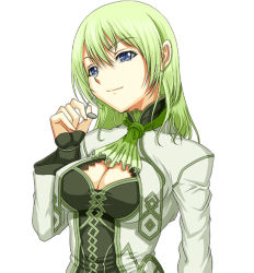 Rule 34 | 1girl, blue eyes, border break, breasts, cleavage, cleavage cutout, clothing cutout, fiona (border break), green hair, headset, long hair, looking at viewer, simple background, smile, solo, syunzou, white background