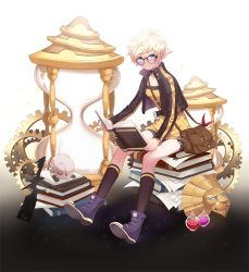 Rule 34 | 00s, 1girl, bad id, bad pixiv id, bag, belt, bike shorts, black-framed eyewear, black socks, blonde hair, blue eyes, blue footwear, blush, book, book stack, boots, breasts, coat, collarbone, creator (dungeon and fighter), dark knight (dungeon and fighter), dress, dungeon and fighter, gears, gotmil, gradient background, holding, holding book, hourglass, kneehighs, long pointy ears, long sleeves, open book, open clothes, open coat, oversized object, pointy ears, satchel, short hair, sitting, small breasts, smile, socks, yellow dress