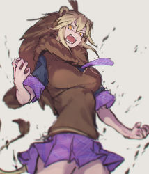 Rule 34 | 1girl, animal ears, barbary lion (kemono friends), big hair, blonde hair, brown hair, cat girl, cowboy shot, debris, don3, fangs, fur collar, hair between eyes, kemono friends, lion ears, lion girl, lion tail, looking at viewer, miniskirt, multicolored eyes, multicolored hair, necktie, open mouth, pleated skirt, red eyes, shirt, short sleeves, skirt, solo, sweater vest, tail, two-tone hair, v-shaped eyebrows, yellow eyes