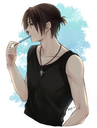 Rule 34 | 1boy, alternate costume, black tank top, blue eyes, brown hair, commentary, cropped torso, dated, earrings, final fantasy, final fantasy viii, foliage, food, food in mouth, hair ornament, hairclip, hand up, hiryuu (kana h), holding, holding food, holding popsicle, jewelry, leaf, looking to the side, male focus, necklace, ponytail, popsicle, popsicle in mouth, short hair, short ponytail, signature, single earring, solo, squall leonhart, stud earrings, summer, sweat, sweatdrop, tank top