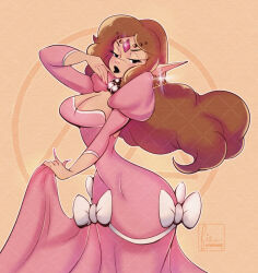 Rule 34 | 1girl, black eyes, black lips, blush, bow, breasts, brown hair, cleavage, clothes lift, cresscin, dress, dress lift, earrings, fingernails, jewelry, long hair, long sleeves, looking at viewer, medium breasts, nintendo, pink dress, pink gemstone, pink nails, pointy ears, princess, princess zelda, puffy sleeves, raised eyebrow, sharp fingernails, sparkle, standing, the legend of zelda, tiara, triforce, triforce earrings, white bow, yellow background