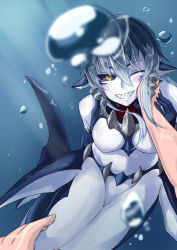 Rule 34 | 1boy, 1girl, absurdres, air bubble, bell orgel, black sclera, blonde hair, blush, breasts, bubble, colored sclera, fins, gills, grey hair, grin, hand on another&#039;s cheek, hand on another&#039;s face, head fins, highres, looking at viewer, mermaid, mershark (monster girl encyclopedia), monster girl, monster girl encyclopedia, monster girl encyclopedia ii, one eye closed, out of frame, pov, pov hands, shark girl, sharp teeth, smile, solo focus, teeth, underwater, yellow eyes