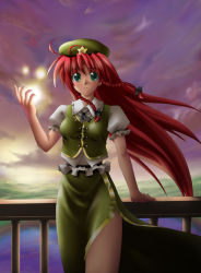 Rule 34 | 1girl, antenna hair, arm support, braid, chinese clothes, collared shirt, female focus, green eyes, hat, hong meiling, kannazuki hato, long hair, outdoors, puffy short sleeves, puffy sleeves, red hair, shirt, short sleeves, side slit, solo, sparkle, star (symbol), tangzhuang, embodiment of scarlet devil, touhou, twin braids, water
