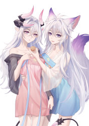 Rule 34 | 2girls, absurdres, animal ear fluff, animal ears, antenna hair, breasts, chinese clothes, collarbone, extra ears, food, fox ears, fox girl, fox tail, grey hair, hair intakes, hanfu, highres, holding, holding food, horns, kirby d a, large tail, multiple girls, pink hair, pointy ears, purple eyes, simple background, tail, thigh gap, translucent, white hair