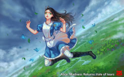 Rule 34 | alice: madness returns, alice (alice in wonderland), alice in wonderland, alice liddell (american mcgee&#039;s alice), american mcgee&#039;s alice, apron, black hair, boots, bug, butterfly, dress, green eyes, insect, jewelry, long hair, pantyhose, wallpaper