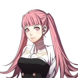 Rule 34 | 1girl, ascot, blunt bangs, breasts, fire emblem, fire emblem: three houses, hair pulled back, high collar, hilda valentine goneril, kurahana chinatsu, long hair, looking at viewer, matching hair/eyes, medium breasts, nintendo, official art, pink eyes, pink hair, shirt, smile, solo, transparent background, twintails, uniform, upper body