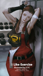 Rule 34 | 1girl, 21yc (september breeze), adjusting hair, armpits, arms behind head, brigitte (overwatch), brown eyes, brown hair, clothes writing, collarbone, dumbbell, fingerless gloves, gloves, highres, locker, looking at viewer, overalls, overwatch, overwatch 1, shiny skin, sleeveless, solo, toned, torn clothes, torn sleeves