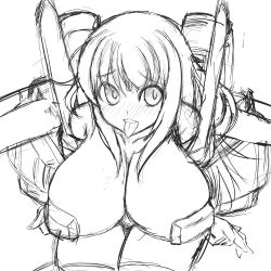 Rule 34 | 1girl, armor, bikini armor, breasts, female focus, huge breasts, long hair, monochrome, simple background, sketch, solo, thighs, tongue, umigarasu (magipro), white background