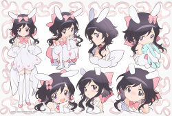 Rule 34 | 1girl, :d, :t, all fours, animal ears, back bow, bare shoulders, black hair, blush, bow, bowtie, closed mouth, commentary, detached collar, dress, elbow gloves, english commentary, expressions, gloves, hair bow, hand on own chin, heart, kaze-hime, looking at viewer, multiple views, no shoes, hugging object, open mouth, original, pikkorin bunny (kaze-hime), pink bow, pink footwear, pink neckwear, purple eyes, rabbit ears, shoes, sidelocks, sleeveless, sleeveless dress, smile, stuffed animal, stuffed rabbit, stuffed toy, tears, thighhighs, watermark, web address, white dress, white gloves, white thighhighs