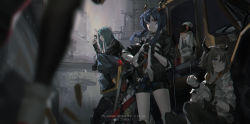 Rule 34 | 1boy, 2girls, absurdres, alternate costume, animal, arknights, arm up, arm wrap, bandaged arm, bandages, bandaid, beanie, bird, bison (arknights), black footwear, black gloves, black jacket, black shorts, blood, blood stain, blue hair, blurry, boots, brown hair, can, ch&#039;en (arknights), chain, cigarette, closed mouth, depth of field, dragon horns, drink can, fingerless gloves, from below, gloves, gold chain, green hair, hair between eyes, hat, highres, holding, horns, hoshiguma (arknights), hoshiguma (ronin huntress) (arknights), huge filesize, jacket, knee up, lighter, long hair, looking at viewer, looking away, multicolored neckwear, multiple girls, necktie, official alternate costume, outdoors, penguin, purple eyes, qtian, red eyes, shell casing, shirt, short hair, shorts, single horn, sitting, skin-covered horns, smoking, soda can, standing, sticker, sunglasses, emperor (arknights), twintails, vehicle, white gloves, white jacket, white shirt