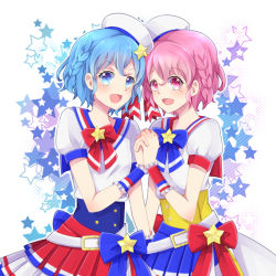 Rule 34 | 1boy, 1girl, belt, blue eyes, blue hair, blush, braid, brother and sister, dorothy west, hat, interlocked fingers, reona west, looking at viewer, mole, mole under eye, open mouth, pink eyes, pink hair, pretty series, pripara, ruka192, short hair, siblings, skirt, smile, trap, twins