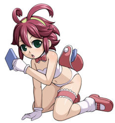 Rule 34 | 1girl, :o, all fours, antenna hair, blue eyes, bow, bowtie, bridal garter, caryo, detached collar, frills, gloves, holding, kneehighs, looking at viewer, lowres, mary janes, midori boushi, midriff, navel, open mouth, red bow, red bowtie, renkin san-kyuu magical pokaan, shoes, short hair, socks, solo, stomach, white gloves, white socks, yuuma (renkin san-kyuu magical pokaan)