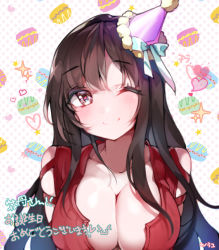 Rule 34 | 1girl, ;), arms behind back, black hair, blush, breasts, cleavage, commentary request, hat, heart, heart-shaped pupils, kanola u, large breasts, long hair, one eye closed, original, party hat, smile, symbol-shaped pupils, translation request, very long hair