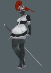 Rule 34 | 1girl, absurdres, apron, blue eyes, choker, collarbone, gloves, greatsword, grimace, hair ornament, high ponytail, highres, imperium of man, kettu fox, long hair, looking at viewer, maid, maid apron, maid headdress, mask, mouth guard, mouth mask, pale skin, red hair, scar, scar on face, self-upload, simple background, sisters of silence, sketch, solo, sword, thighhighs, toeless legwear, unfinished, warhammer, warhammer 40k, weapon, zweihander
