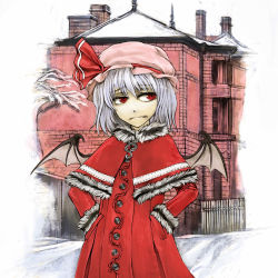 Rule 34 | 1girl, bat wings, bonnet, cervus, coat, fangs, female focus, hands in pockets, hat, jitome, looking away, mantelet, red eyes, remilia scarlet, scarlet devil mansion, silver hair, snow, solo, touhou, wings, winter clothes