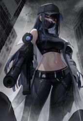 Rule 34 | 1girl, absurdres, aiming, aiming at viewer, bare shoulders, baseball cap, belt, black hair, black hat, black pants, black shirt, blue archive, blue eyes, breasts, coat, colored inner hair, crop top, gun, hat, highres, holding, holding gun, holding weapon, kuca (ku ca18), large breasts, long hair, long sleeves, looking at viewer, mask, midriff, mouth mask, multicolored hair, navel, off shoulder, open clothes, open coat, outdoors, outstretched arm, pants, rain, saori (blue archive), shirt, sidelocks, sleeveless, sleeveless shirt, solo, standing, stomach, taut clothes, taut shirt, very long hair, weapon, white coat