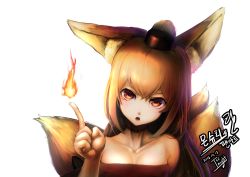 Rule 34 | 1girl, absurdres, animal ears, bare shoulders, blonde hair, breasts, choker, cleavage, collarbone, dated, fire, fox ears, fox tail, hat, head tilt, highres, icenight, index finger raised, japanese clothes, kimono, long hair, looking at viewer, medium breasts, monster super league, multiple tails, open mouth, ponytail, ran (monster super league), red choker, red eyes, solo, strapless, tail, tokin hat, upper body, white background
