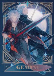 Rule 34 | 2boys, black gloves, blue eyes, brothers, coat, dante (devil may cry), devil may cry (series), devil may cry 5, fingerless gloves, gloves, hair slicked back, highres, holding, holding sword, holding weapon, jacket, lolvivianli, long hair, looking at viewer, male focus, multiple boys, rebellion (sword), red coat, siblings, smile, sword, vergil (devil may cry), weapon, white hair, yamato (sword)