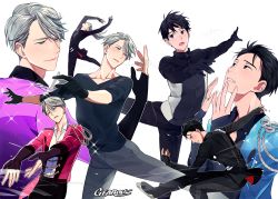 Rule 34 | 2boys, :o, artist name, black eyes, black gloves, black hair, blue eyes, brown eyes, commentary, english commentary, expressionless, fingernails, gearous, gloves, grey hair, hair slicked back, jewelry, katsuki yuuri, leg up, long hair, looking away, looking down, looking up, male focus, multiple boys, open mouth, outstretched arms, ponytail, profile, ring, short hair, simple background, skates, sparkle, symbol-only commentary, viktor nikiforov, white background, aged down, yuri!!! on ice