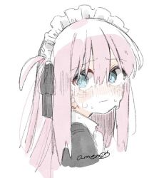 Rule 34 | 1girl, alternate costume, aqua eyes, black ribbon, blunt bangs, bocchi the rock!, closed mouth, cropped arms, crying, crying with eyes open, enmaided, gotoh hitori, hair between eyes, hair ribbon, long hair, maid, maid headdress, pink hair, ribbon, side ahoge, signature, sketch, solo, suzugaeru, tareme, tears, white background