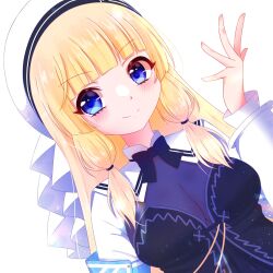 Rule 34 | 1girl, anjou seira, arm at side, armband, assault lily, beret, black bow, black bowtie, black dress, blonde hair, blue eyes, blunt bangs, blush, bodystocking, bow, bowtie, breasts, cleavage, closed mouth, commentary, dress, dutch angle, fingernails, frilled hat, frills, hand up, hat, highres, lens flare, light particles, long hair, long sleeves, looking at viewer, medium breasts, shrug (clothing), sidelocks, simple background, smile, solo, strapless, strapless dress, tachihara sayu, upper body, white background, white hat