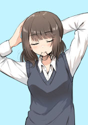Rule 34 | 1girl, arm behind head, betock, black hair, blue background, blush, closed eyes, hair tie in mouth, highres, medium hair, mouth hold, original, school uniform, shirt, simple background, solo, sweater vest, tying hair, upper body, white shirt