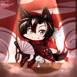 Rule 34 | 1girl, absurdres, animal ears, chibi, fang, highres, japanese clothes, kimono, ruby rose, rwby, sandles, tail, thighhighs, vilde loh hocen, white thighhighs