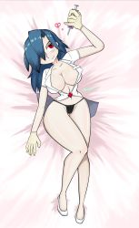 Rule 34 | 1girl, absurdres, alternate hairstyle, bed, black panties, blue hair, blush, breasts, cleavage, collarbone, fundoshi, gloves, highres, holding, japanese clothes, large breasts, latex, latex gloves, looking up, lying, panties, pink background, red eyes, scar, shoes, skullgirls, smile, solo, syringe, underwear, valentine (skullgirls)