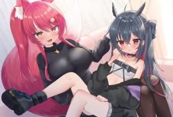 Rule 34 | 2girls, :3, akahaneko, animal ear fluff, animal ears, belt, black belt, black choker, black footwear, black hair, black jacket, black pantyhose, black shirt, black sweater, blush, boots, bow, breasts, choker, closed mouth, clothes down, collarbone, couch, day, dragon girl, dragon horns, earrings, fang, fox ears, fox girl, fox tail, hair bow, hair ornament, hand on another&#039;s head, headpat, horns, interior, jacket, jewelry, large breasts, long hair, long sleeves, looking at viewer, lying on lap, multicolored hair, multiple girls, on couch, on lap, open mouth, original, pantyhose, ponytail, red eyes, red hair, shirt, shoes, sidelocks, sitting, slit pupils, small breasts, smile, strapless, streaked hair, sweater, tail, tube top, yellow eyes, yuri