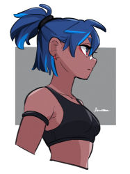 Rule 34 | 1girl, amazu (kurozu), aoi (amazu), blue hair, breasts, closed mouth, cropped arms, cropped torso, dark-skinned female, dark skin, earrings, eyebrows hidden by hair, from side, grey background, hair between eyes, highres, jewelry, looking away, multicolored hair, original, ponytail, red eyes, signature, small breasts, solo, streaked hair, thick eyebrows, two-tone background, upper body, white background