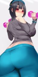 Rule 34 | 1girl, absurdres, ass, bare shoulders, beret, black hair, blue hat, blue pants, blush, breasts, from below, grey sweater, hat, highres, kantai collection, kusaka souji, large breasts, looking at viewer, looking back, midriff, pants, red eyes, short hair, simple background, solo, sweater, takao (kancolle), weights, white background, wide hips